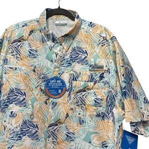 Columbia Fishing Shirt Super Crystal Springs Mens XL Blue Orange Tropical Boho